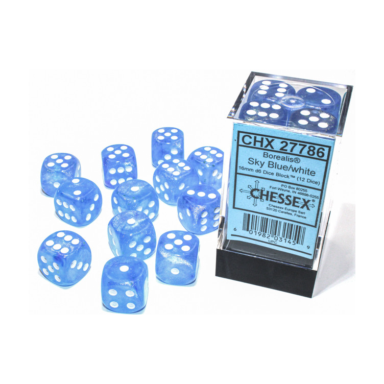 Borealis 16mm D6 Sky Blue/white LuminaryDice Block (12 dice)