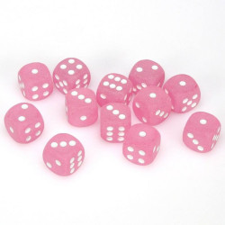 16mm D6 with pips Dice Blocks Frosted Polyheral Pink w/whit (12)